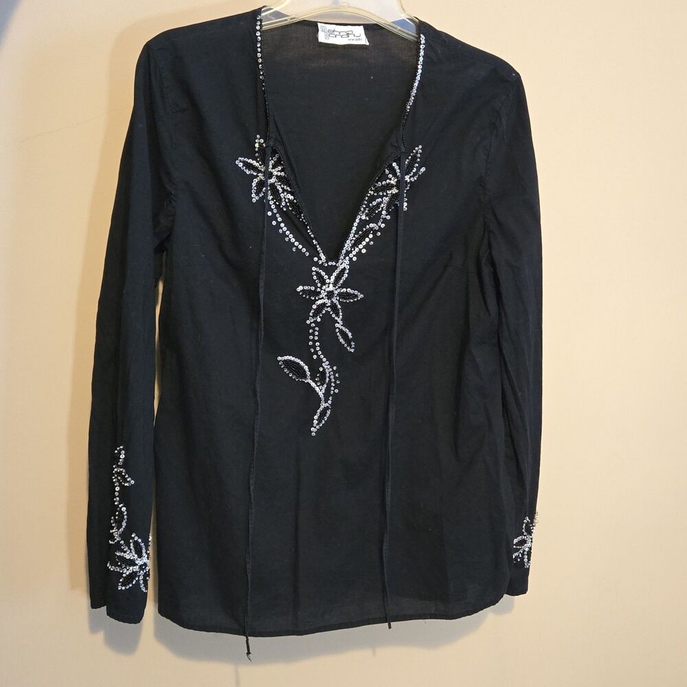 Black V-Neck Embroidered Beaded Long Sleeve Shirt Blouse Top, India, Medium